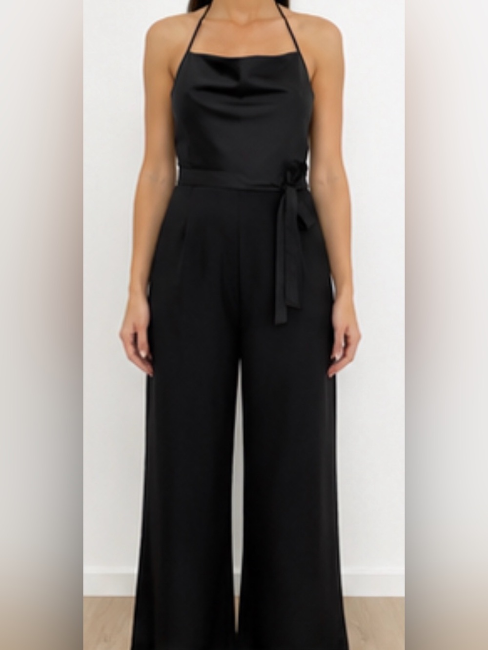 Aqua Black Satin Halter Wide-Leg Jumpsuit